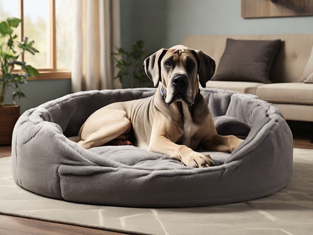 A large dog resting comfortably on a plush orthopedic dog bed in a cozy living room.