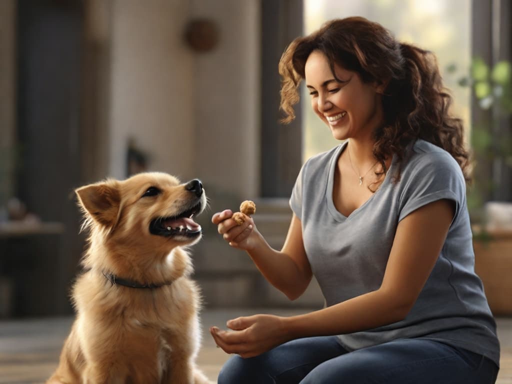 A person rewarding a smiling dog with a treat during a positive reinforcement training session.